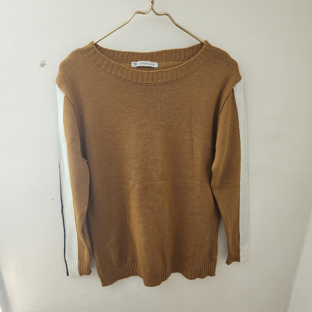 Misell Mens Mustard Brown Wool Blend Knit Sweater Racing Stripe Sleeve Large